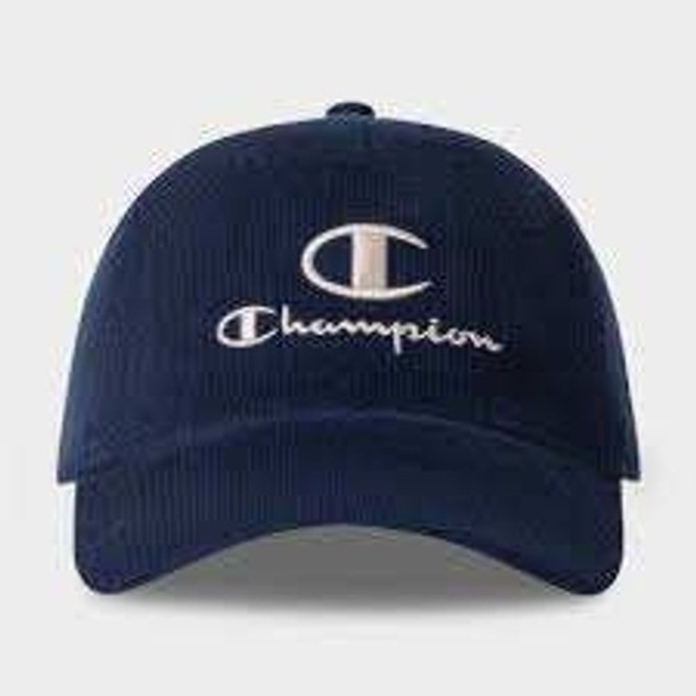 Champion Corduroy Baseball Cap Navy Blue Embroidered Logo Adjustable Dad Hat